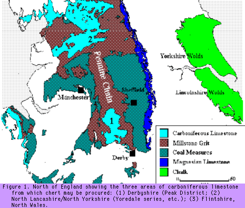 The north of
England showing three areas of Carboniferous limestone from which chert
may be procured.