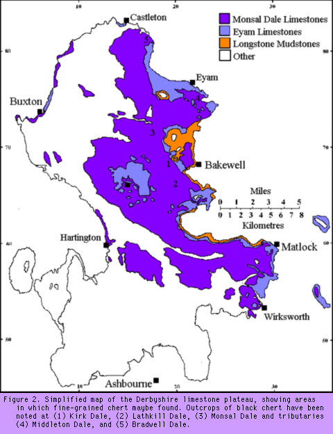 Simplified
map of the Derbyshire limestone plateau showing areas where fine-grained
cherts may be found.