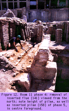Room 11 phase 4: removal of inserted flue {141} viewed from the
north; note height of pilae, as well as square pilae {158} of phase 5,
in centre foreground.