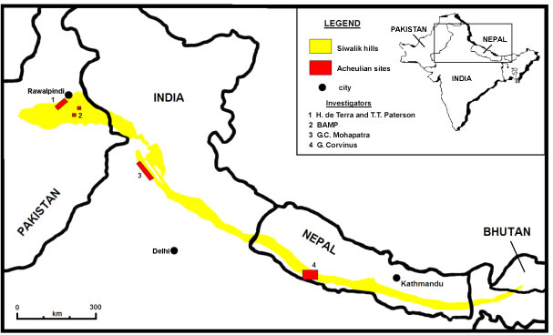 Map showing distribution of Siwalik sediments and associated Acheulian sites
