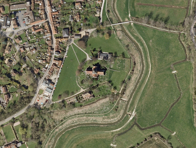 Aerial view of gravel terrace at Alfriston, East Sussex