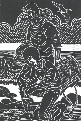 Linocut of a fisherman collecting 'flithers' from a rock (© Mel Whittaker)