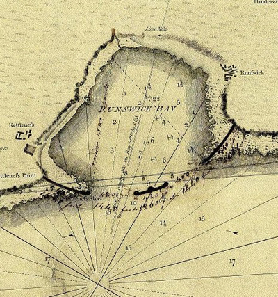 Historic anchorage  areas charted at Runswick Bay, Pickernell (1791) (© UKHO)