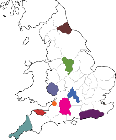 EPE County Map - showing archived EPE projects: Bristol, Cornwall, County Durham, Derbyshire, Exmoor, Herefordshire, Oxfordshire, Sussex, and Wiltshire