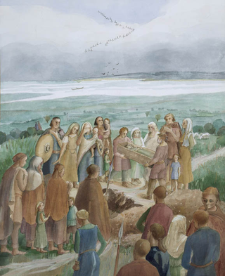 The burial of a child at the south-east end of Cemetery II on the edge of the Mucking terrace; view looking east over the marshes to the Mucking Creek (left) and the River Thames, with the Kent shore in the distance (artist Judith Dobie; © English Heritage Images)