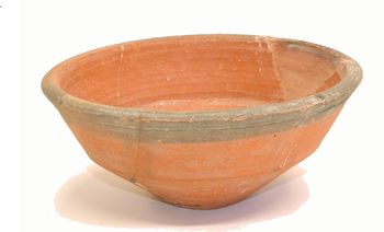 Reconstructed ‘Tigela’ bowl from Aveiro area, Portugal, found at Castle Street, Plymouth. AD 1500-1700.  Identified by Dr Sarah Newstead (AR.1980.1.1.CSP.267)