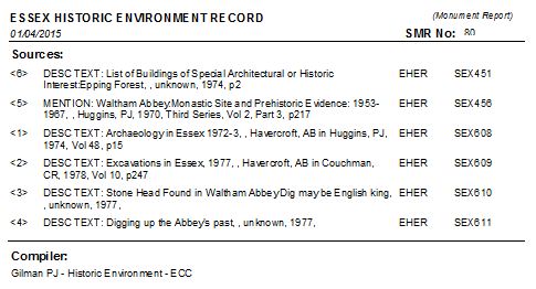 Fig 14: The monument record print-out for the chapter house at Waltham Abbey .