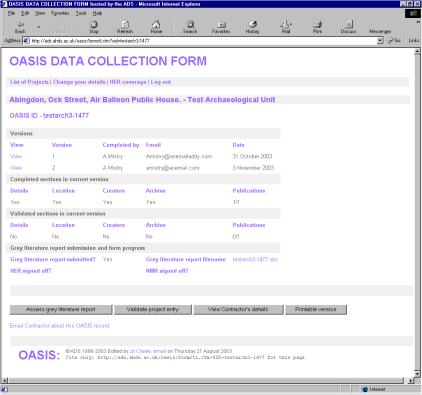 Figure 15: Example of a project summary page from the OASIS form.