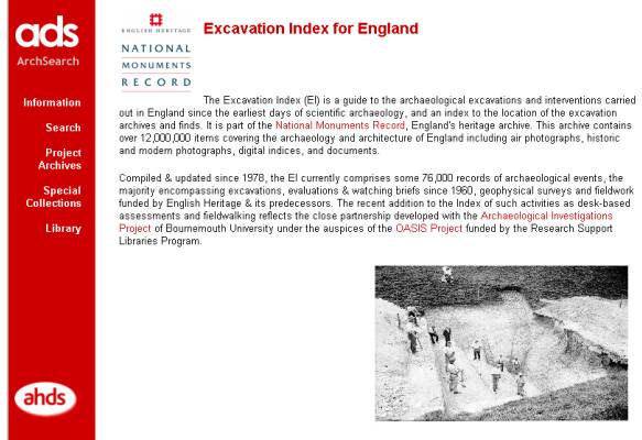 Figure 31: ADS web page – Excavation Index.