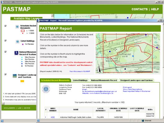 Figure 68: Completed search on Pastmap with map report on selected records.