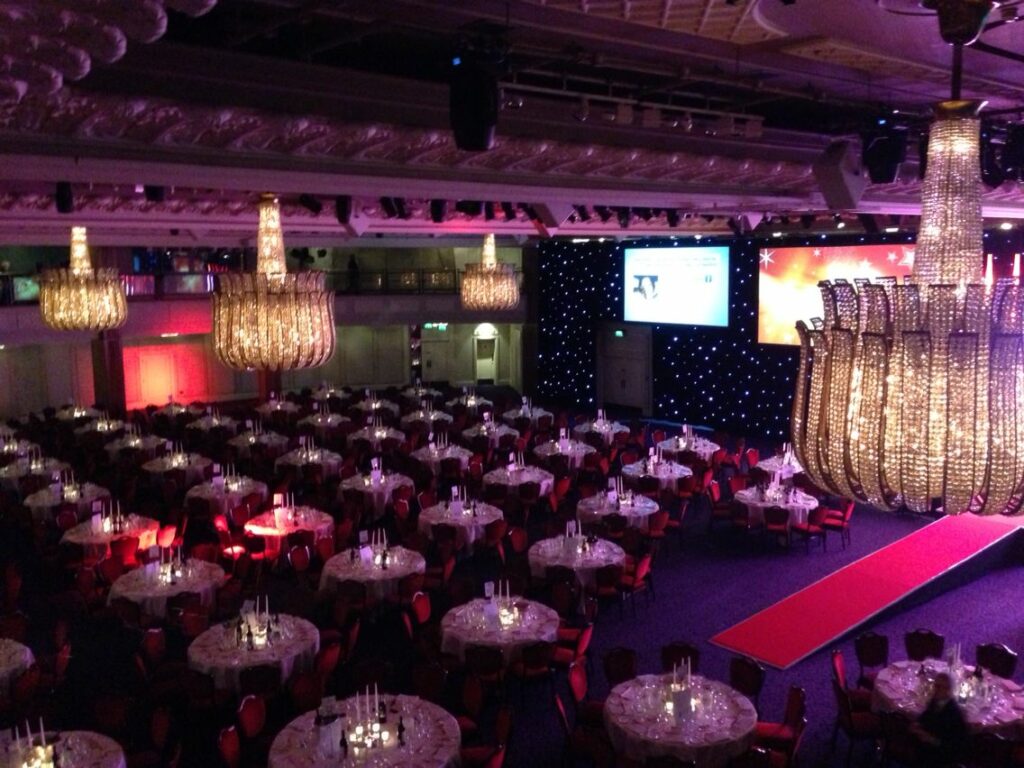 The dinner tables set up ready for the awards