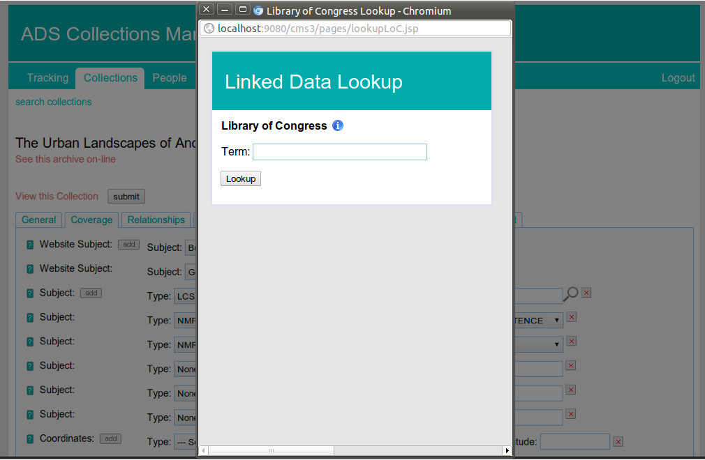 Screenshot of a Linked Open Data lookup to the Library of Congress within our CMS.