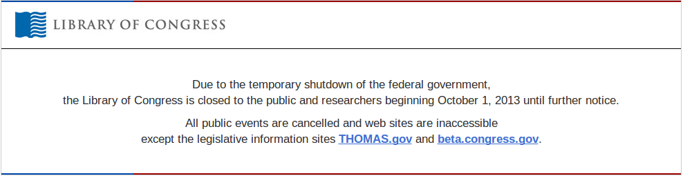 A screenshot from the Library of Congress website showing it was shut down