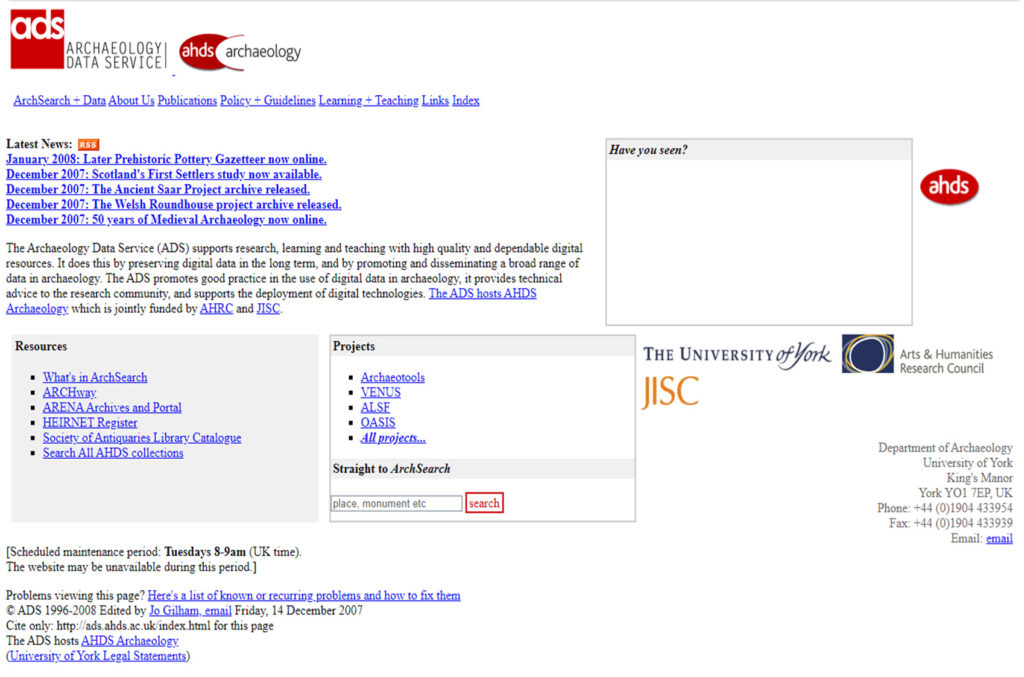 A screenshot of the ADS homepage dating to 2008