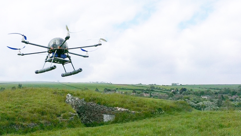 Photograph or a flying Hexacopter equipped to take near-vertical photographs