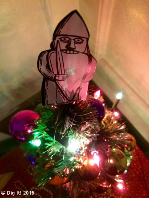 Innovative archaeological themed Christmas tree topper, designed to look like a rook from the 12th Century Lewis Chessmen. Competition 2nd place.