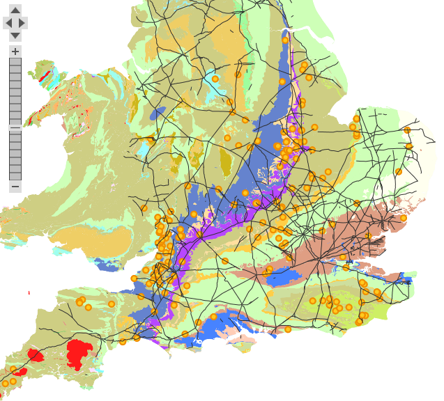 An example of the Mapping interface: iron production sites in relation to bedrock geology and the network of Roman roads.