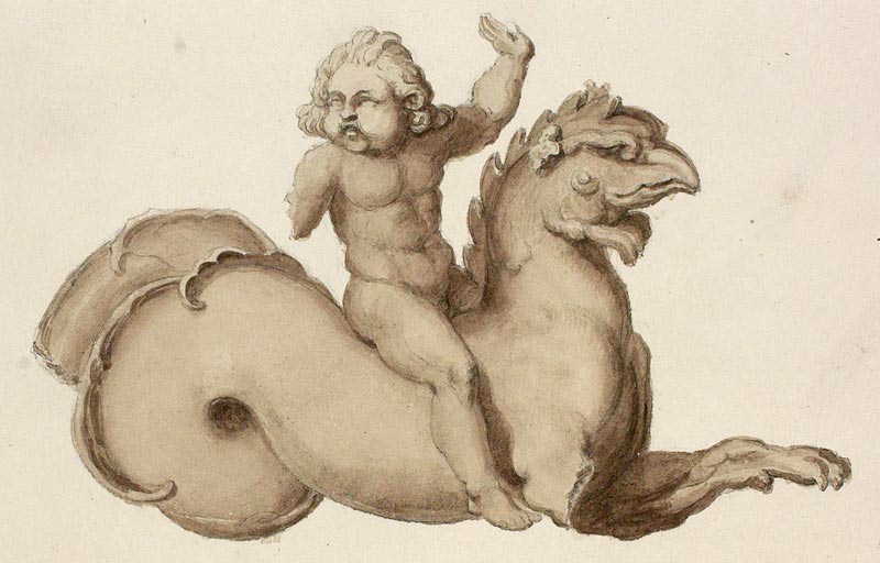 Antiquarian drawing of a figure of a boy on a chimera