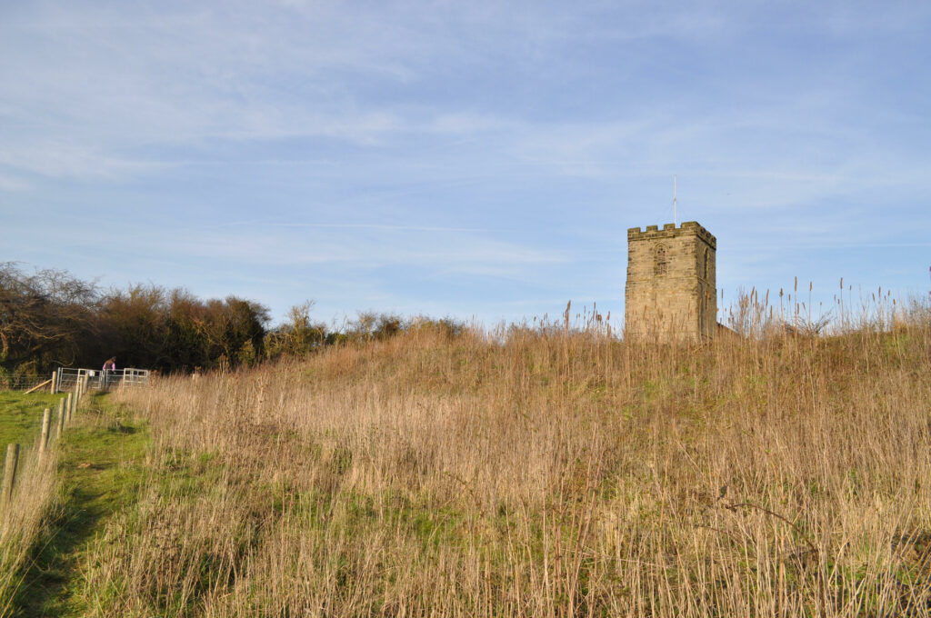 Grass in foreground with church tower against the sky. Sunny day