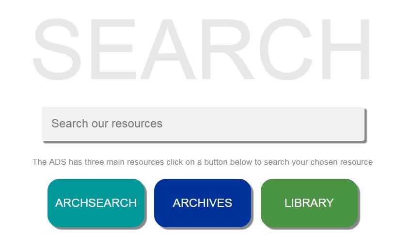 Screenshot showing the new ADS search page, with one single search bar and three button sto search each of the three ADS resources, ARCHSEARCH, ARCHIVES and LIBRARY