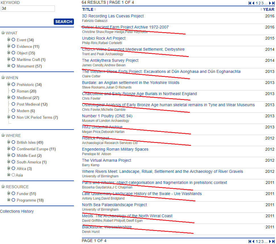 Figure 2: Screenshot of the archive search results for a keyword search for 3D