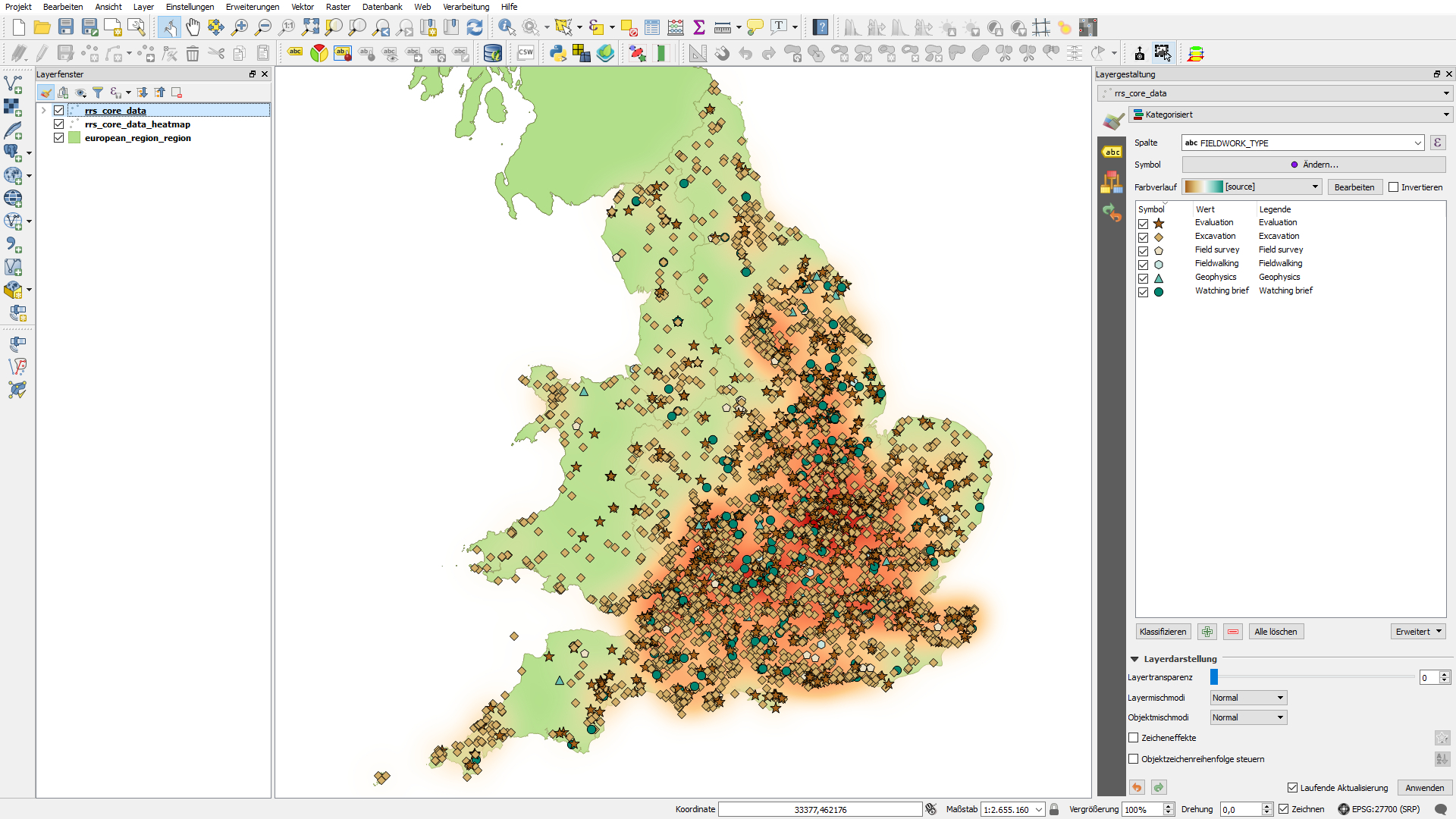Data received from the deposit ‘The Rural Settlement of Roman Britain: an online resource’ loaded in QGIS 2.18.