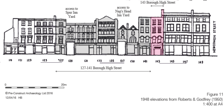 Drawing showing building elevations of numbers 127-141 Borough High Street as they were in 1948.