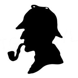 Black and white illustration of the profile of Sherlock Holmes smoking a pipe.