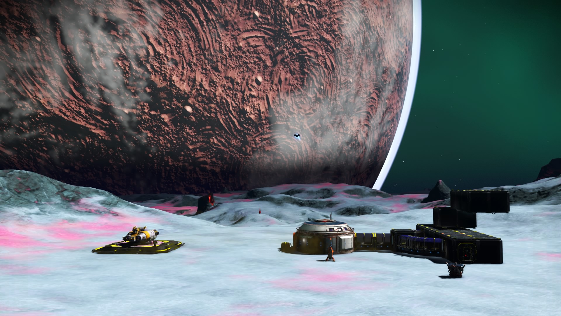 Screenshot of a location in the No Man's Sky video game showing a moon and the Arpinsarypov Mother Base.