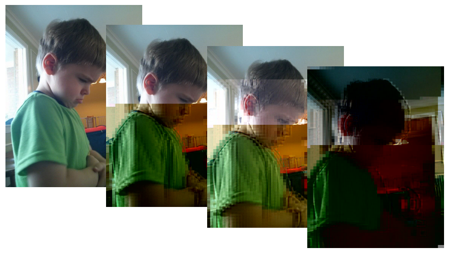 This image shows a picture of a child which is clear in the first image.  Then in the second image, halfway down the image becomes pixelated and the colours are distorted.  On the third, this happens again a fourth of the way down and the previous distortion is even more pixelated.  The fourth and final image is very dark and only the outline of the child and background are recognisable.