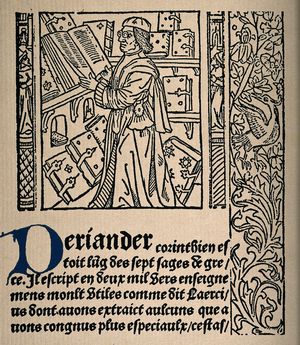Image of a woodcut depicting the scholar Periander in his library