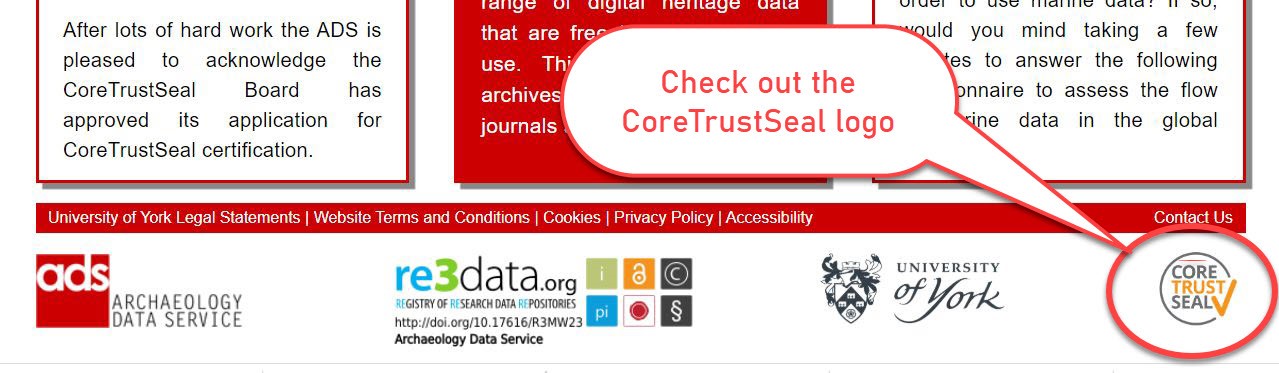 Tag line of ADS website showing Core Trust Seal logo displayed. With description 'Check out the Core Trust Seal logo'.