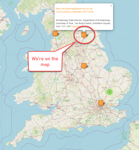 Map of UK showing locations of current Core Trust Seal accredited archives. Includes the statement 'we're on the map'. 