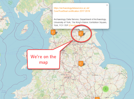 Map of UK showing locations of current Core Trust Seal accredited archives. Includes the statement 'we're on the map'.