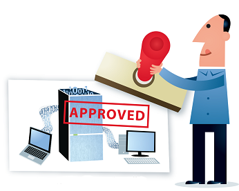 Cartoon image of man stamping approved sign over computer equipment, representing accreditation approval. 