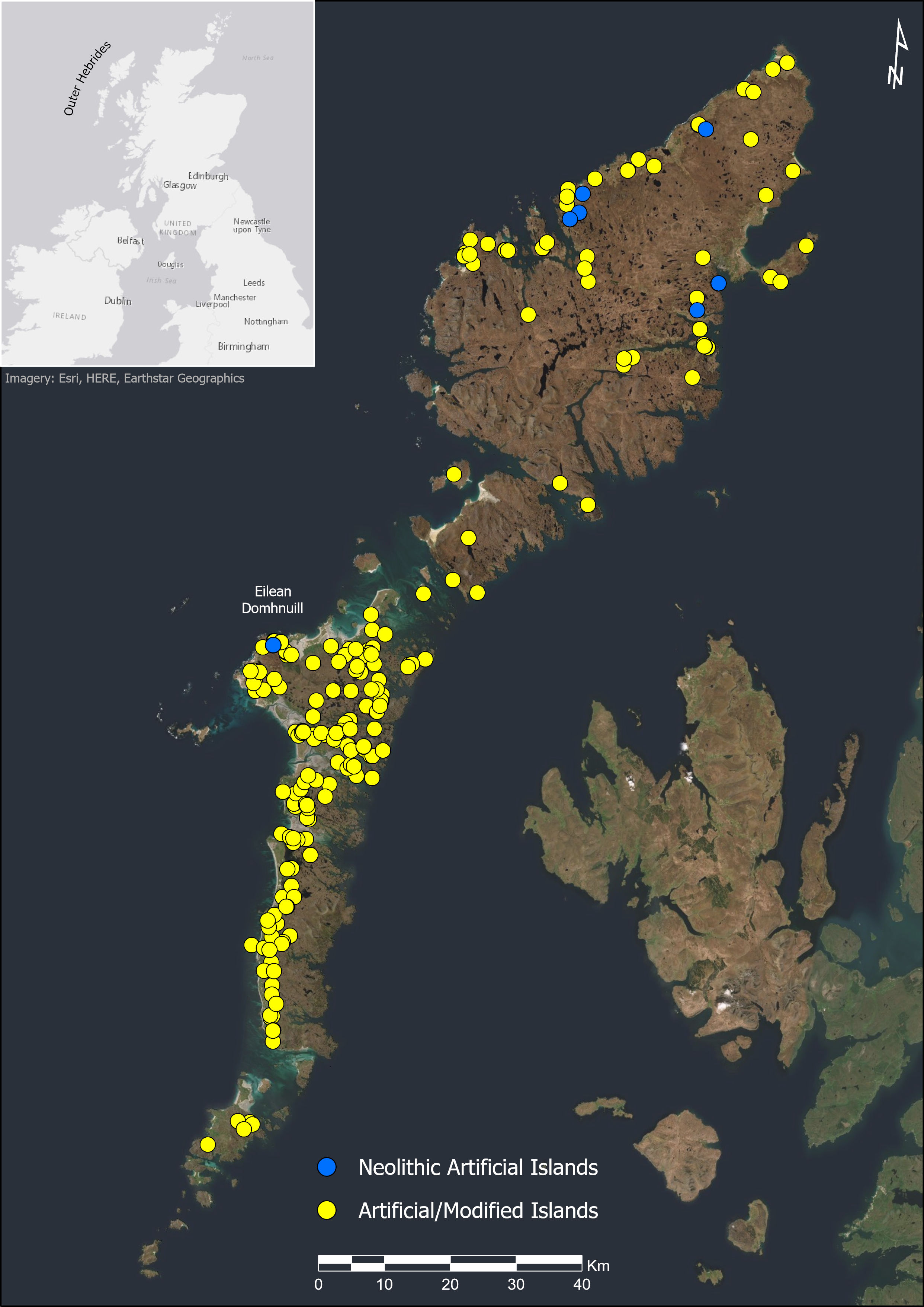 Map of all artificial islands in the Outer Hebrides along with those dated to the Neolithic.  The majority of the artificial/modified islands are to the south while most of the Neolithic artificial islands are in the north.