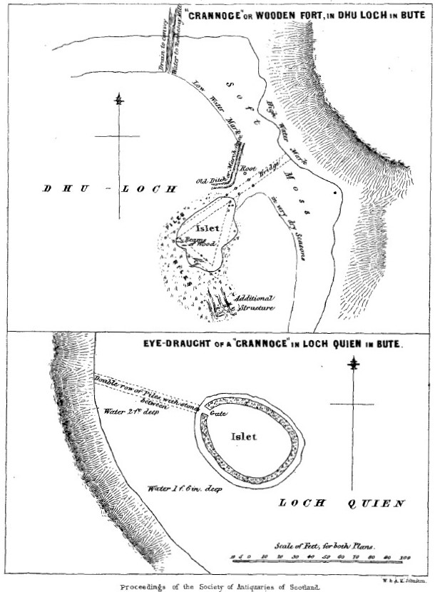 Figure 2. Plans of crannogs recorded by Mackinlay (1857-8), including Dhu-Loch (1812) (top) and Loch Quien (1814) (bottom).  The plans show that the Islets were connected to land by a bridge about 50-60 feet long, made of a double row of pliers with stones in between.  The water around this bridge was around 21 inches and if the water was low could create a land bridge.