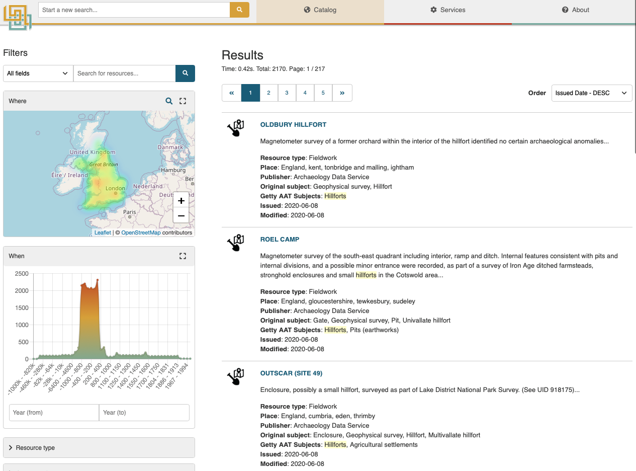 A screenshot of the portal showing a the results for hillforts.