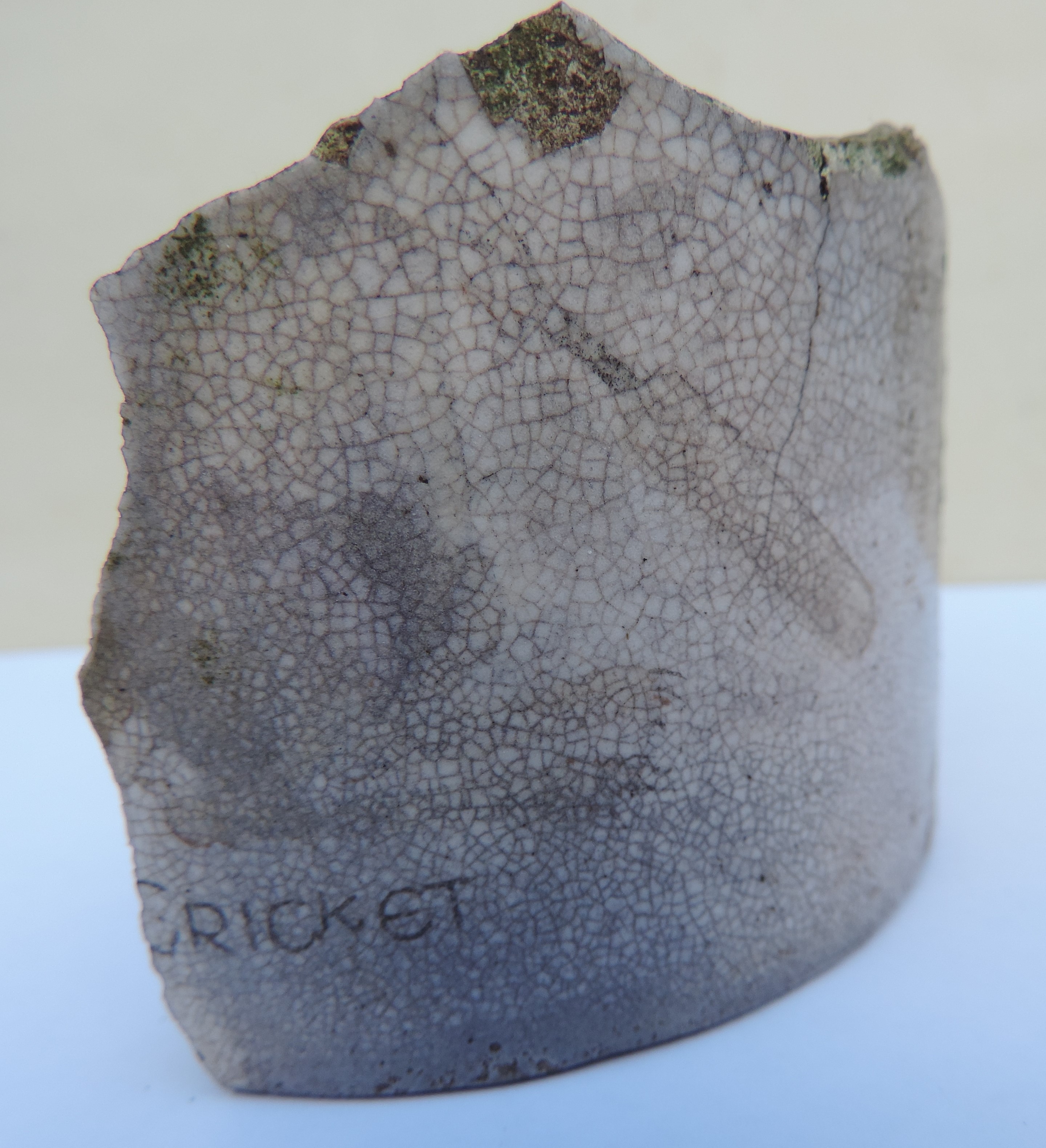 Photograph of a ceramic vessel with the word cricket