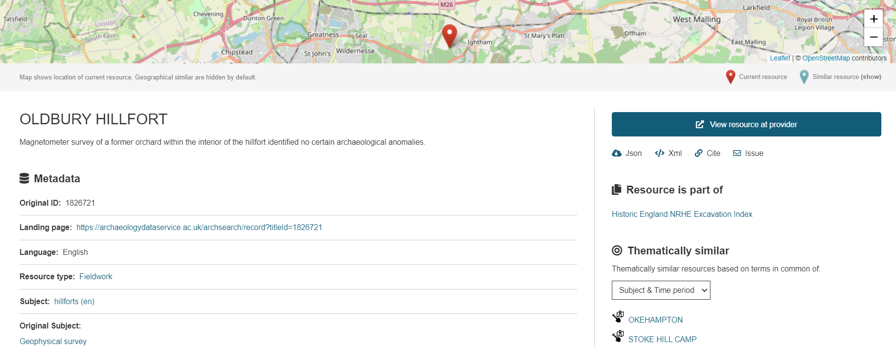 A screenshot of the portal showing the metadata for Oldbury Hillfort.