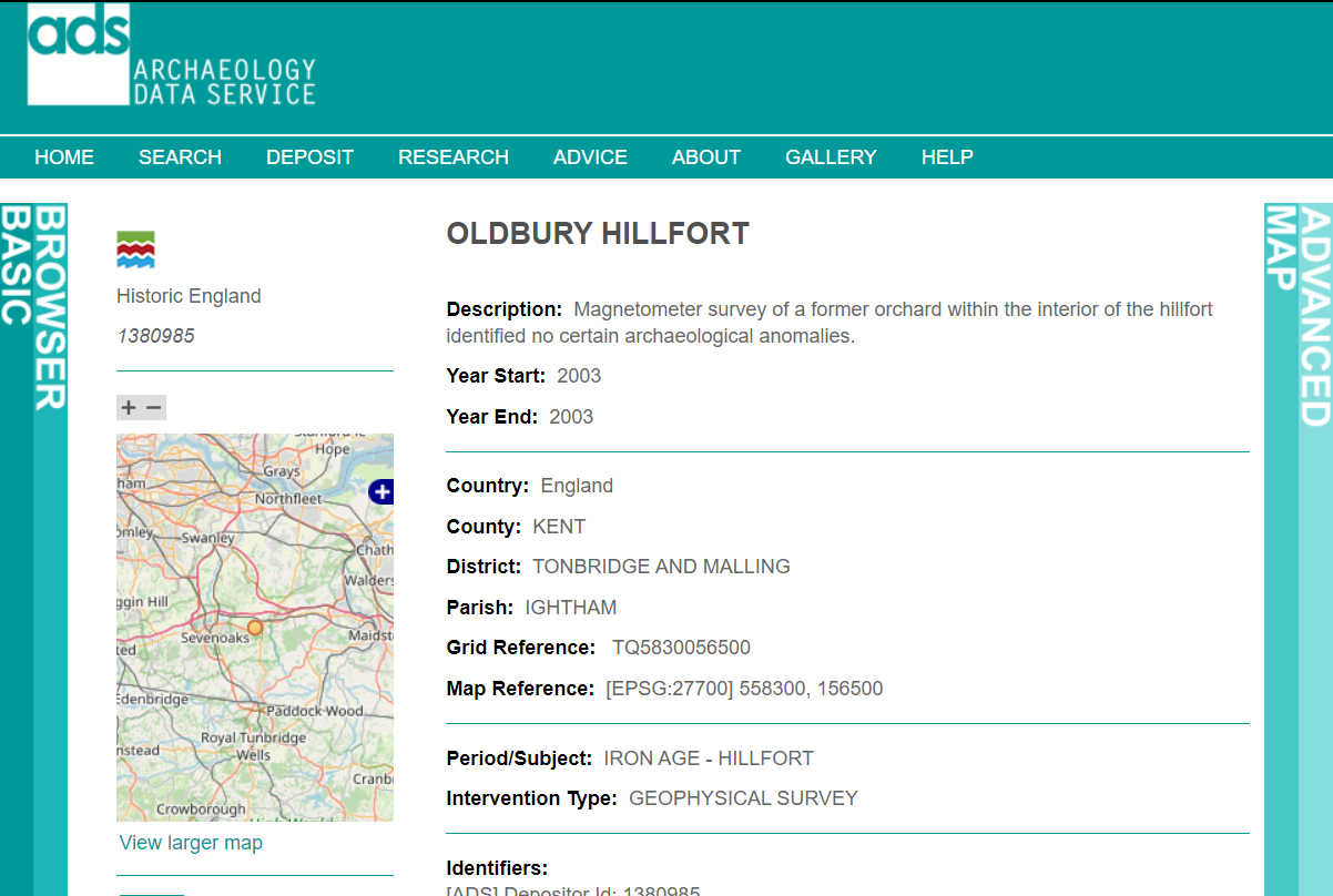 A screenshot of the ADS Archsearch showing the data for Oldbury Hillfort.
