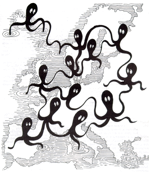 Henrik Jarl Hansen's illustration depicting multi-armed octopus joining tentacles across the continent of Europe