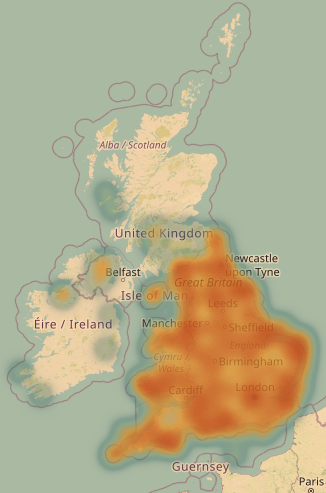Heatmap of the UK and Ireland with most of the points being in England