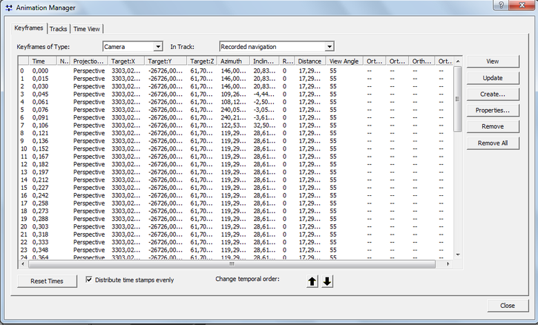 screenshot with a list of metadata for each frame of an animation created within ArcScene