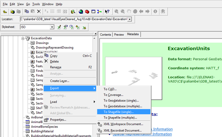 screenshot of extracting feature classes into shapefiles from ArcCatalog