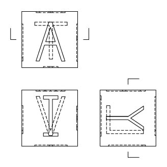 A figure decmonstrating the a two-dimensional engineering-style drawing of child’s block with inset letters on six faces.