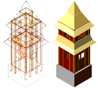 Solid model of a timber tower (wire-frame and shaded representations
