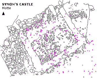 AutoCAD plot of the stone plan of the tower area of the motte, with lead distribution superimposed