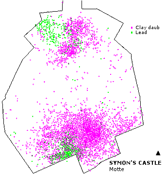 AutoCAD plot of the motte excavation with lead and clay daub distributions superimposed