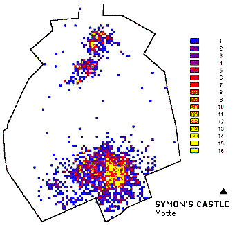 An IDRISI-derived incidence matrix based on counts of clay daub within a 0.25m grid across the motte